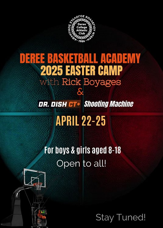 Deree Basketball Academy Easter 2025 Camp, with Rick Boyages and the Dr. Dish CT+ technology!  Save the dates!